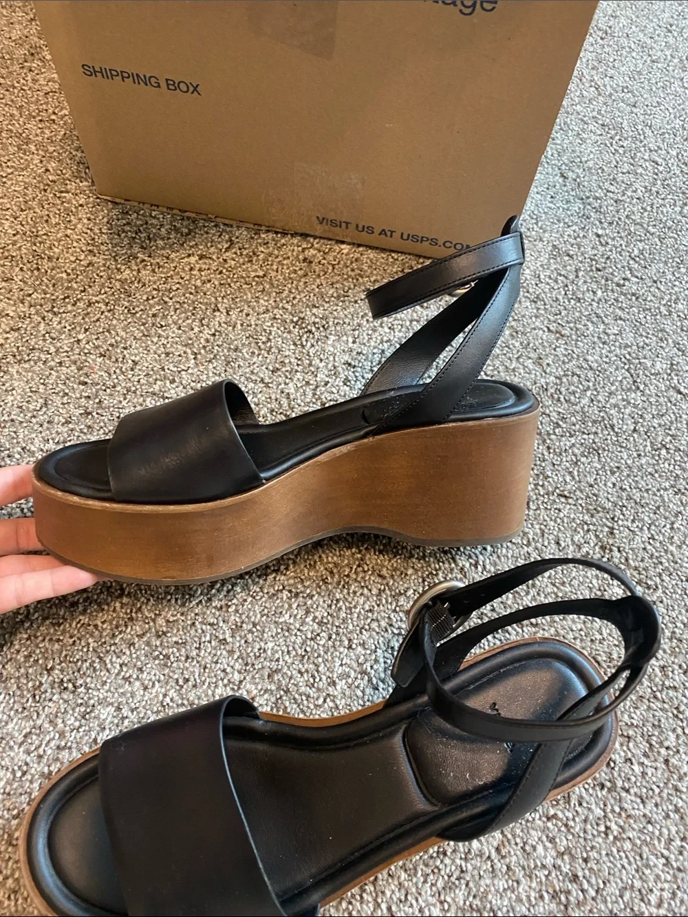 Vince Black Leather Ankle-Strap Wedge Sandals with Brown Platform